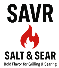 SAVR Salt & Sear logo with a flame icon on a white background